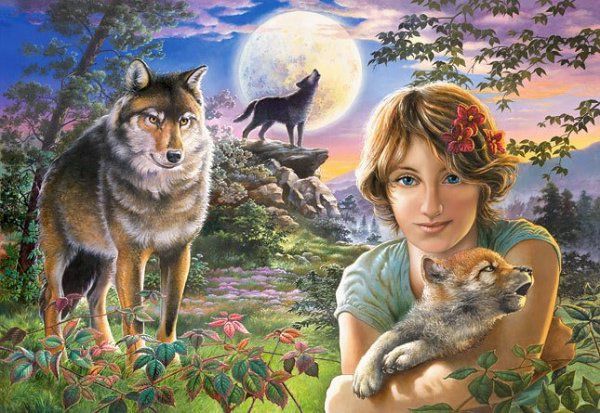 Puzzle 1000 dílků Dívka s vlky při úplňku CASTORLAND